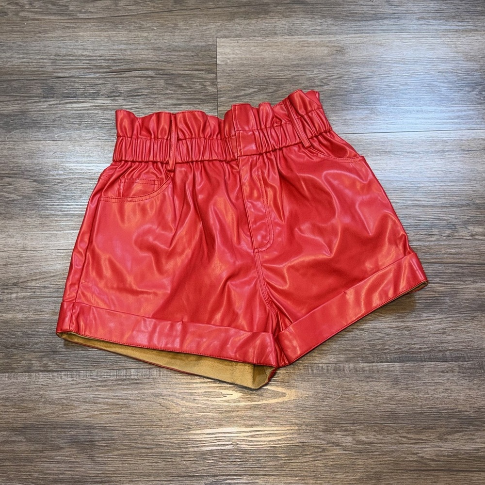 Fantastic Fawn Red Faux Leather Shorts Womens S High-Waisted Paper Bag Design
